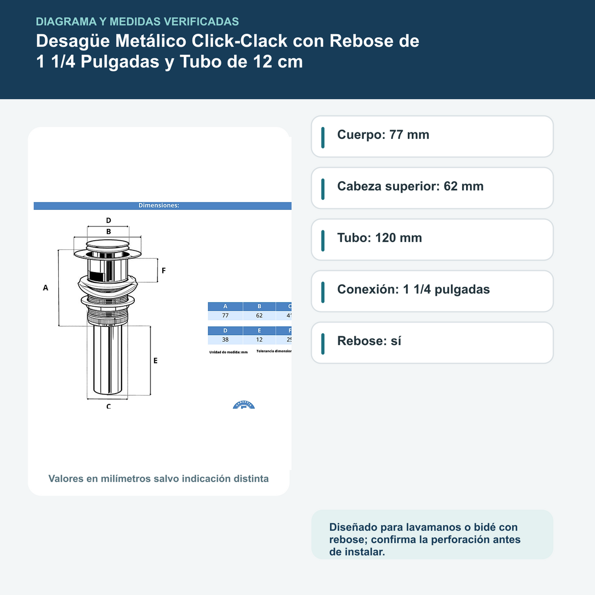 Diagrama o datos verificados del desagüe metálico click-clack con rebose de 1 1/4 pulgadas y tubo de 12 cm