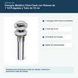 Contenido y características del desagüe metálico click-clack con rebose de 1 1/4 pulgadas y tubo de 12 cm