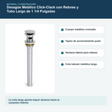 Materiales y construcción verificados del desagüe metálico click-clack con rebose y tubo largo de 1 1/4 pulgadas