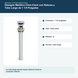 Medidas y datos verificados del desagüe metálico click-clack con rebose y tubo largo de 1 1/4 pulgadas