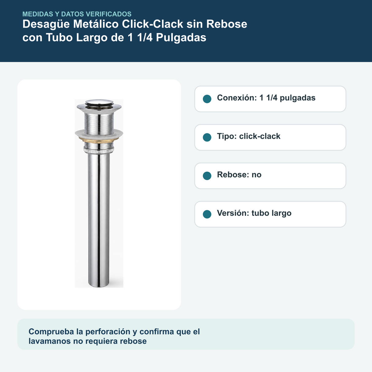 Medidas y datos verificados del desagüe metálico click-clack sin rebose largo de 1 1/4 pulgadas