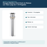 Medidas y datos verificados del desagüe metálico click-clack sin rebose largo de 1 1/4 pulgadas