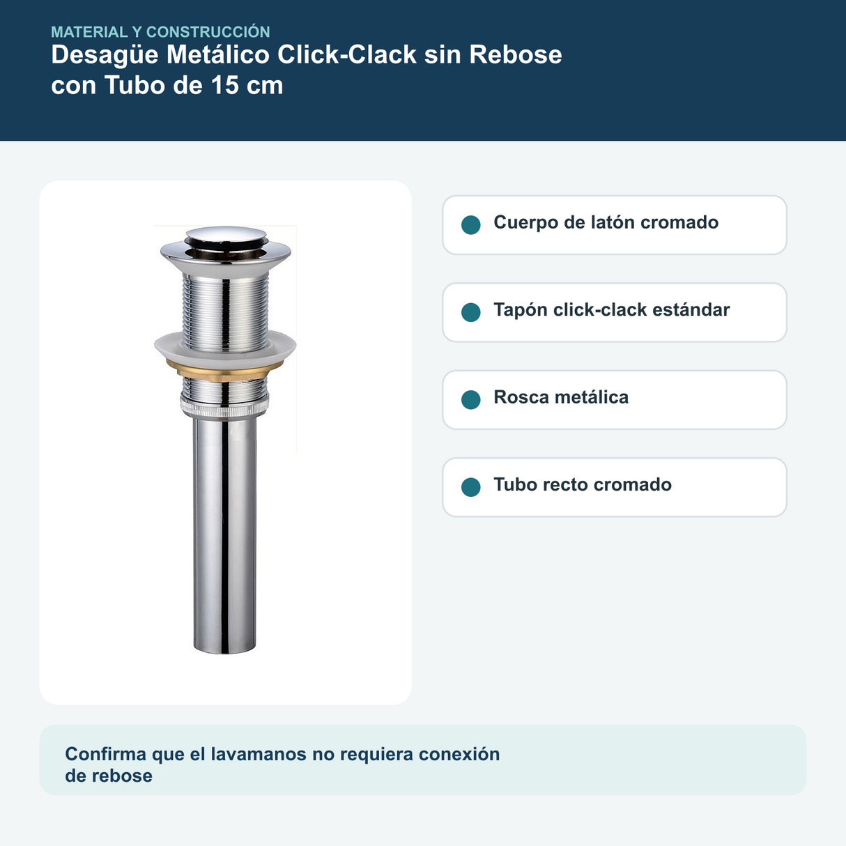Materiales y construcción verificados del desagüe metálico click-clack sin rebose de 1 1/4 pulgadas con tubo de 15 cm