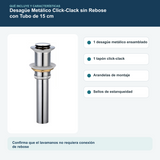 Contenido y características del desagüe metálico click-clack sin rebose de 1 1/4 pulgadas con tubo de 15 cm