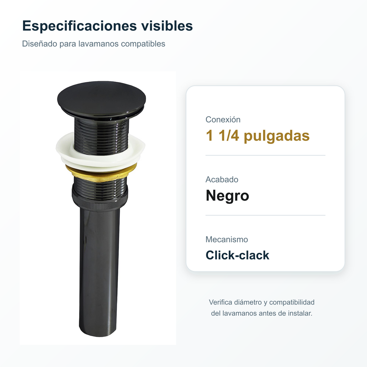 Especificaciones del desagüe click-clack negro para lavamanos