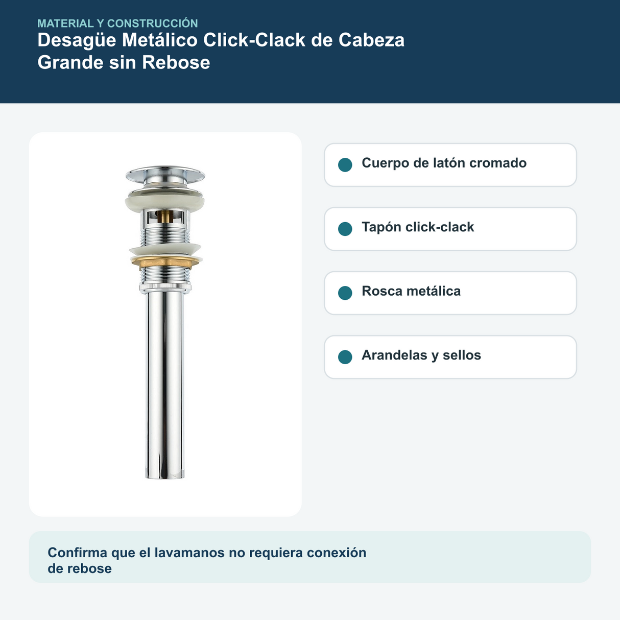 Materiales y construcción verificados del desagüe metálico click-clack de cabeza grande sin rebose de 1 1/4 pulgadas