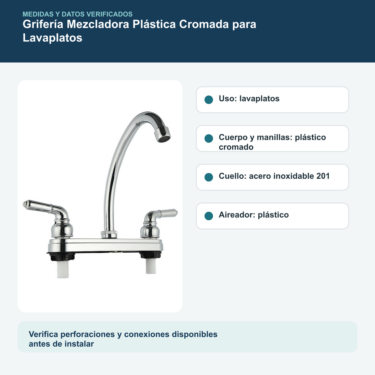 Medidas y datos verificados del grifería mezcladora plástica cromada para lavaplatos