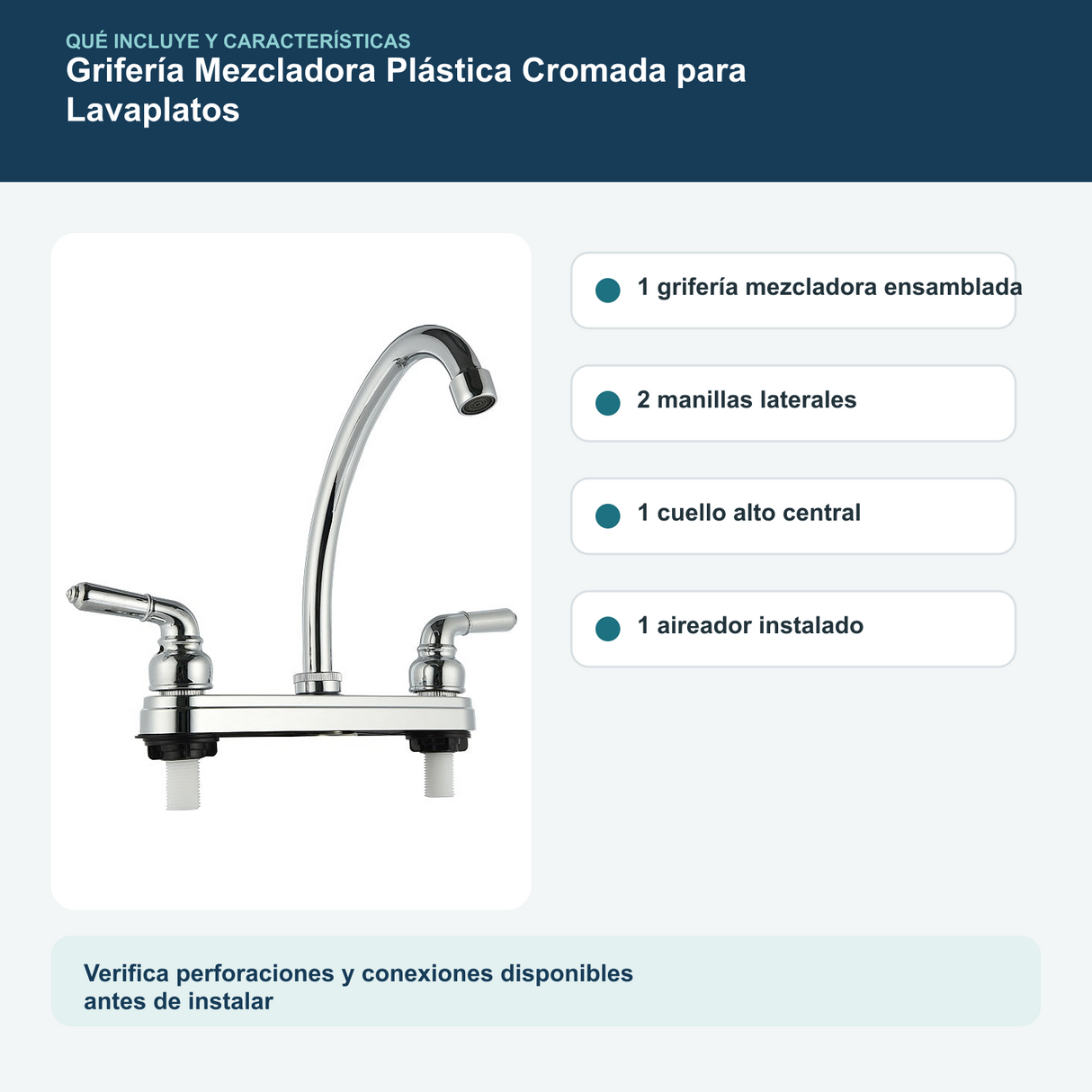 Contenido y características del grifería mezcladora plástica cromada para lavaplatos