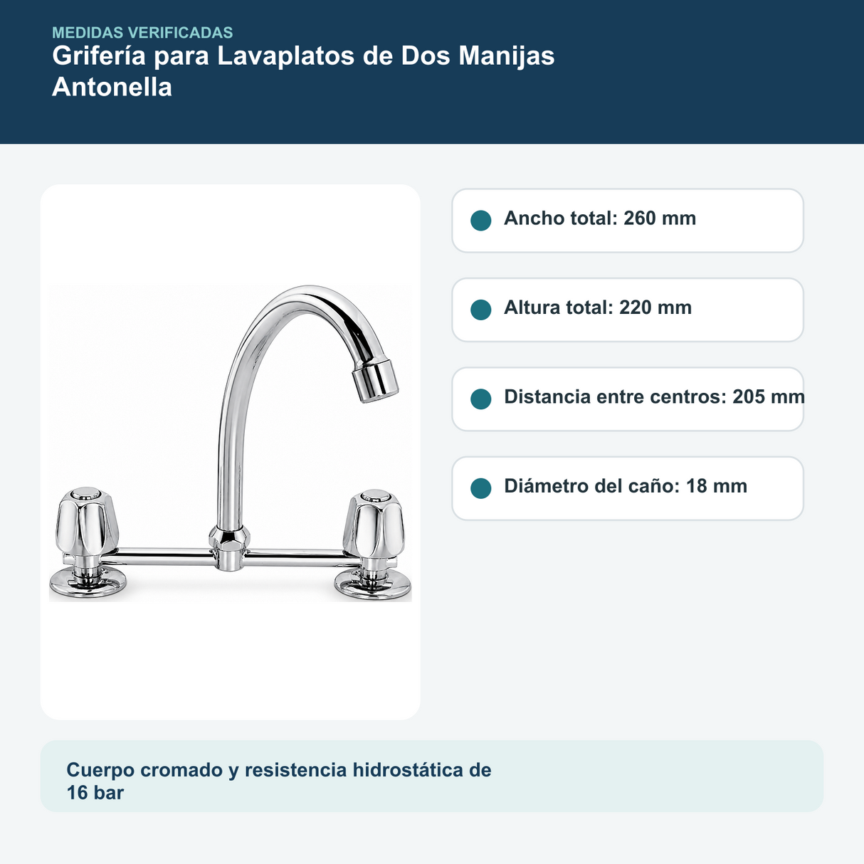 Medidas y datos verificados del grifería para lavaplatos de dos manijas antonella