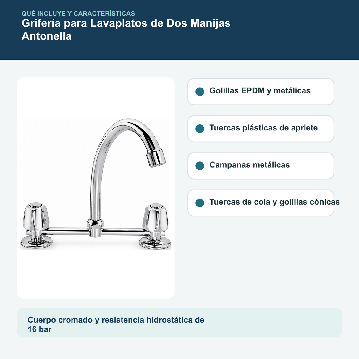Contenido y características del grifería para lavaplatos de dos manijas antonella