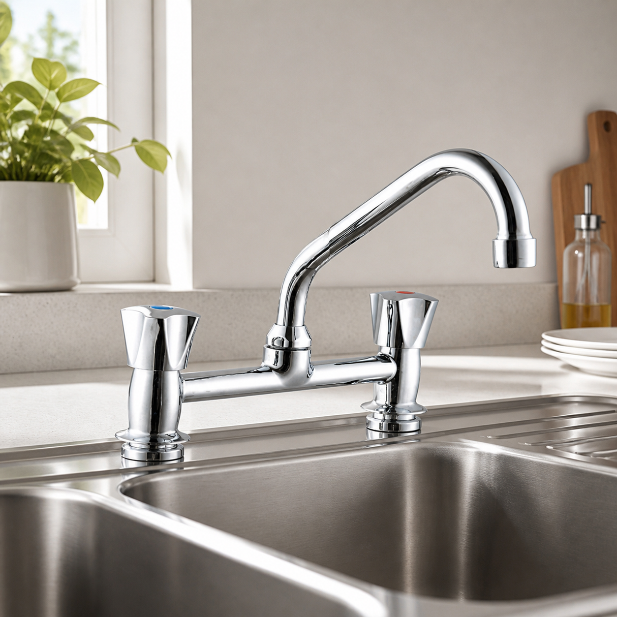 Grifería Mezcladora Plástica Cromada para Lavaplatos instalado en un ambiente moderno y bien iluminado