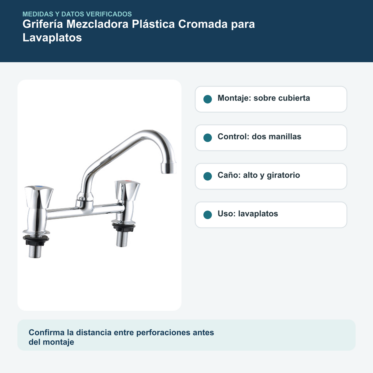 Medidas y datos verificados del grifería mezcladora plástica cromada para lavaplatos