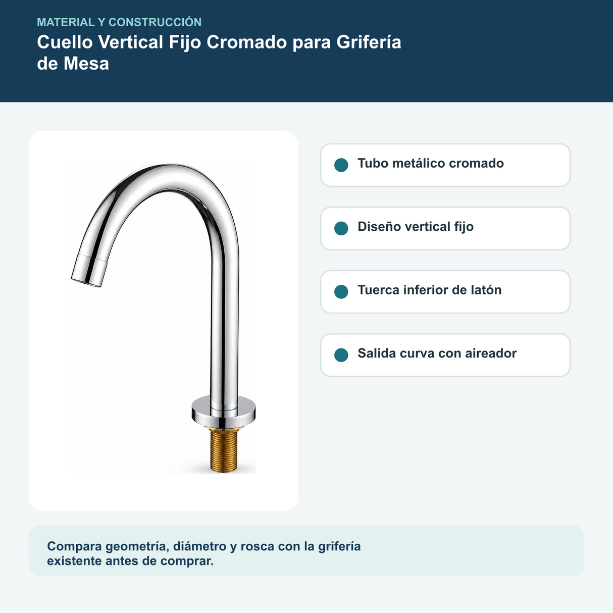 Materiales y construcción verificados del cuello vertical fijo cromado para grifería de mesa