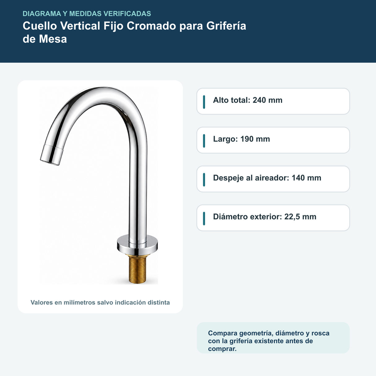Diagrama o datos verificados del cuello vertical fijo cromado para grifería de mesa