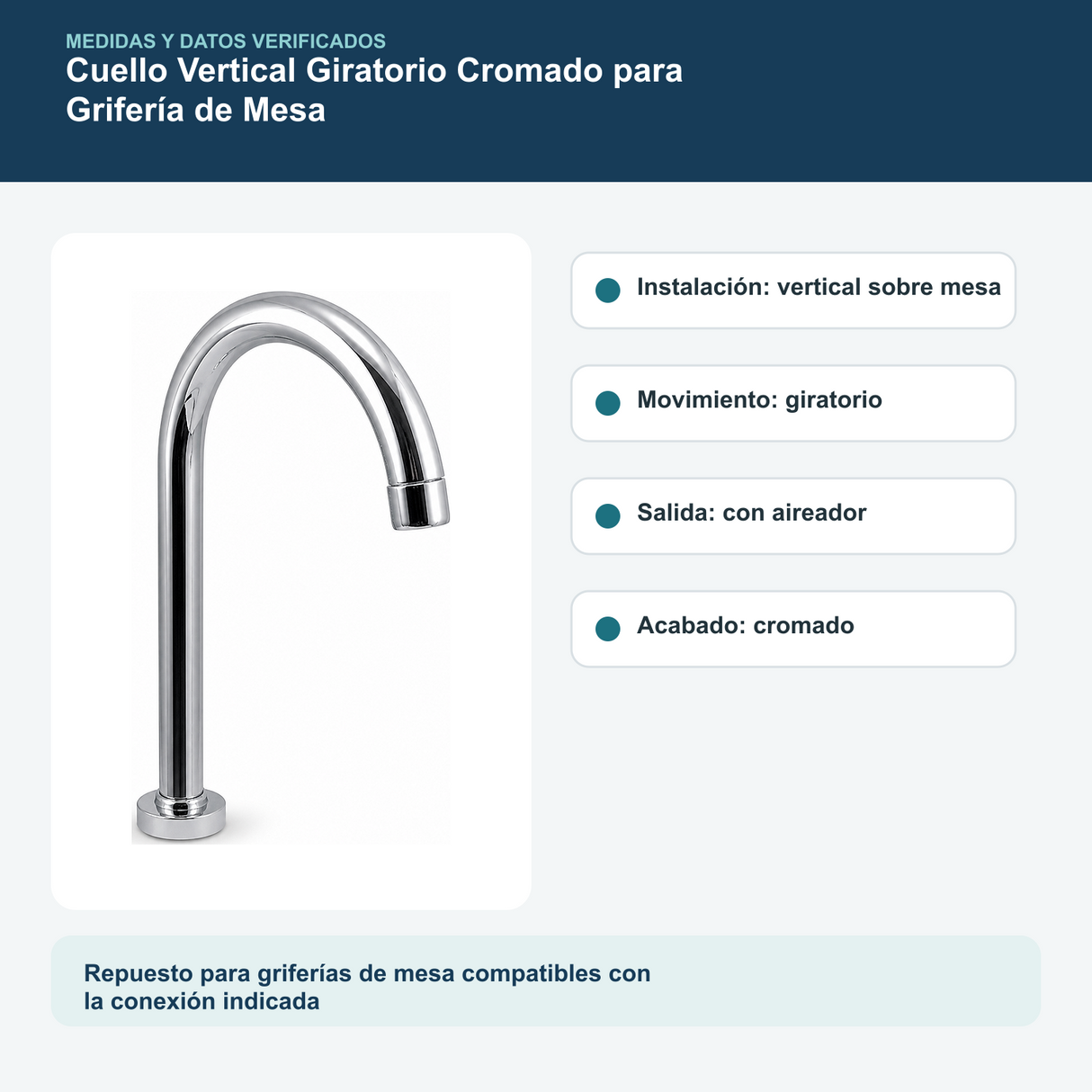 Medidas y datos verificados del cuello vertical giratorio cromado para grifería de mesa