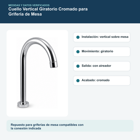 Cuello Vertical Giratorio Cromado para Grifería de Mesa