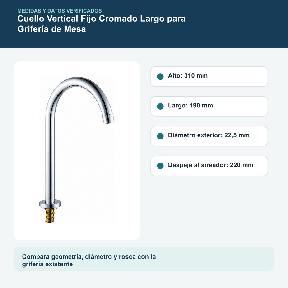 Medidas y datos verificados del cuello vertical fijo cromado largo para grifería de mesa