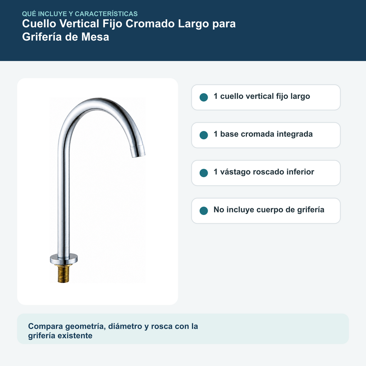 Contenido y características del cuello vertical fijo cromado largo para grifería de mesa