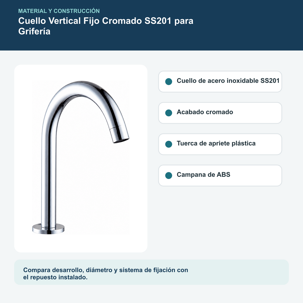 Cuello Vertical Fijo Cromado SS201 para Grifería: materiales y construcción verificados