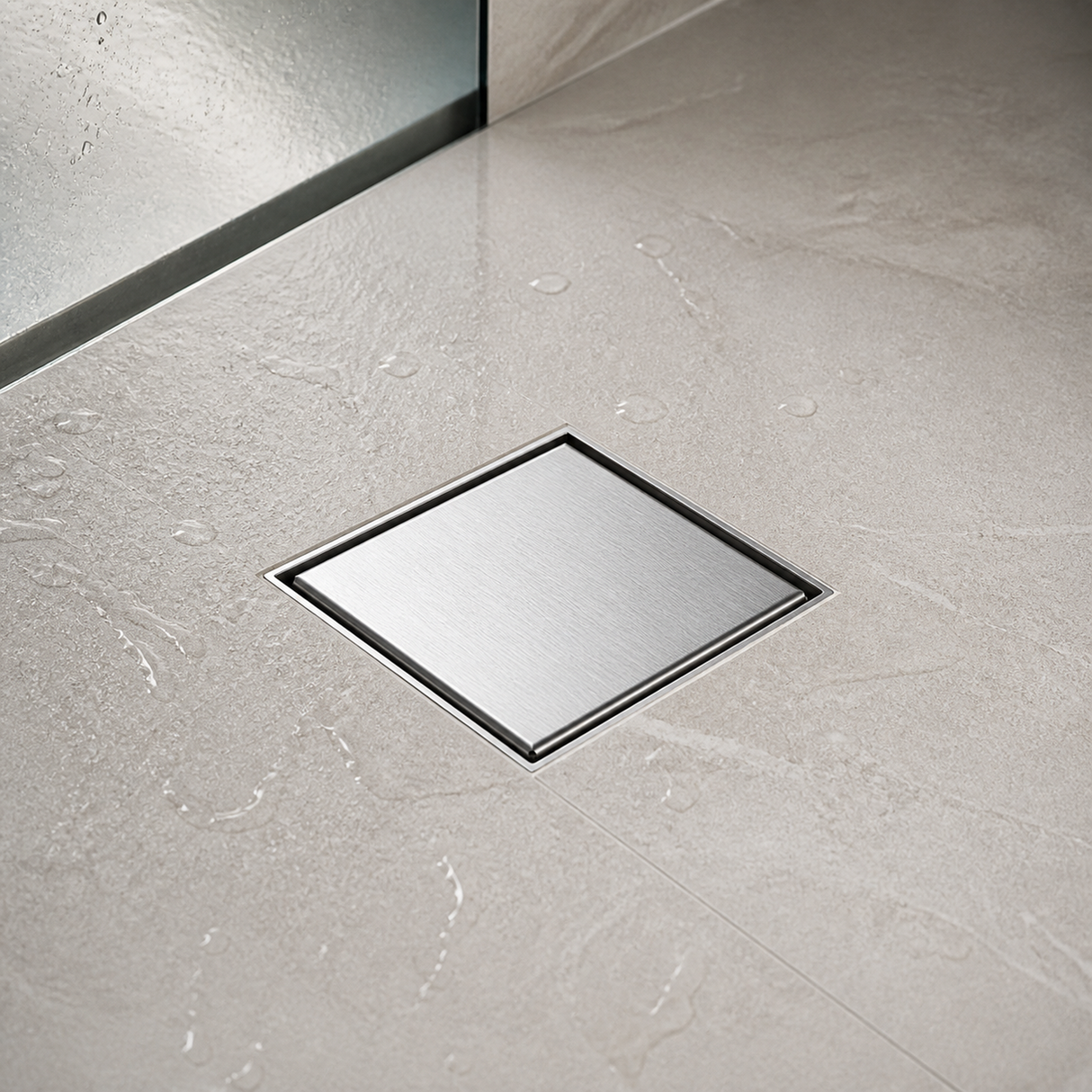 Desagüe de Piso Invisible 10 × 10 cm en Acero Inoxidable 304 desde una segunda perspectiva en su espacio de uso