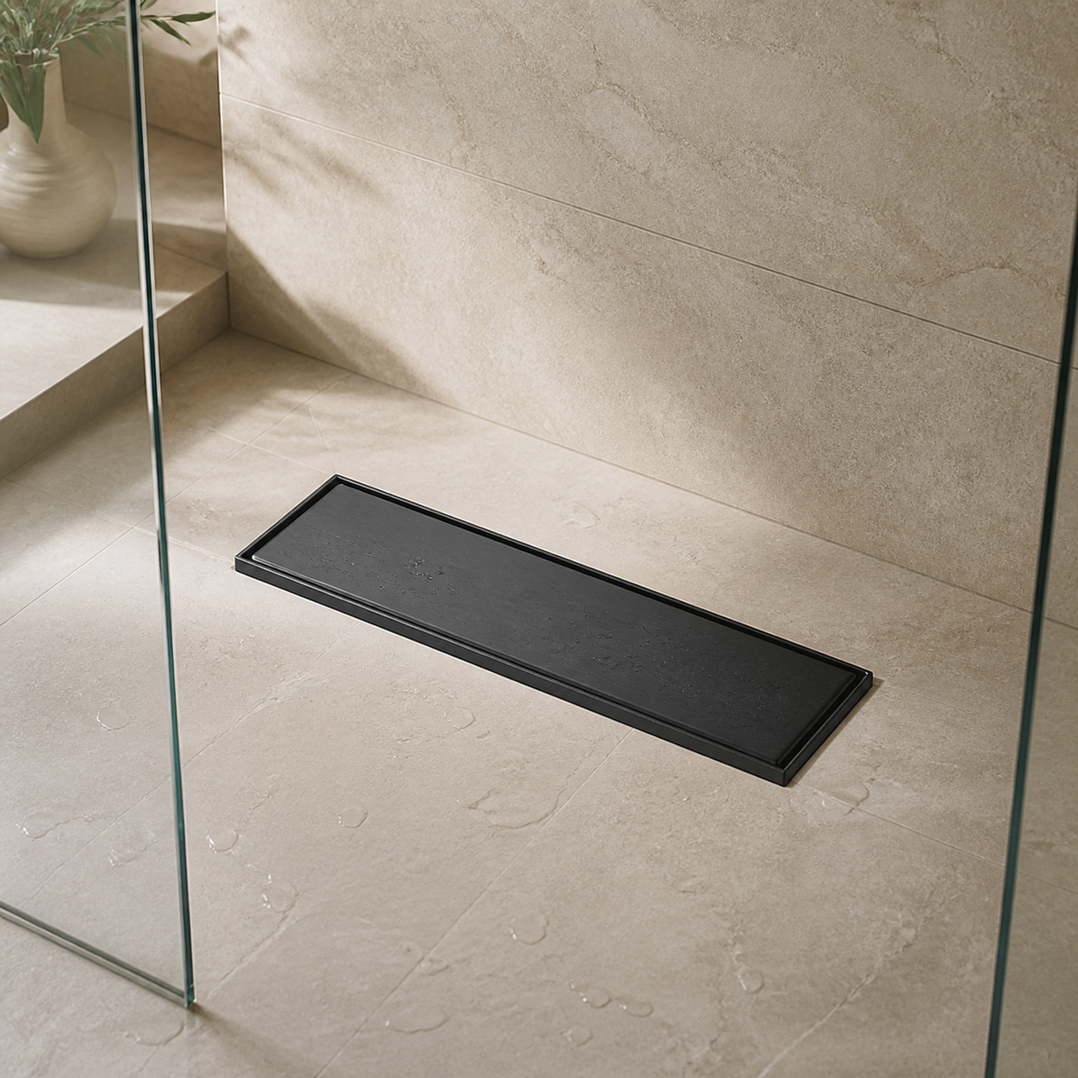 Desagüe Lineal Invisible Negro de 30 × 10 cm instalado en un ambiente moderno y bien iluminado