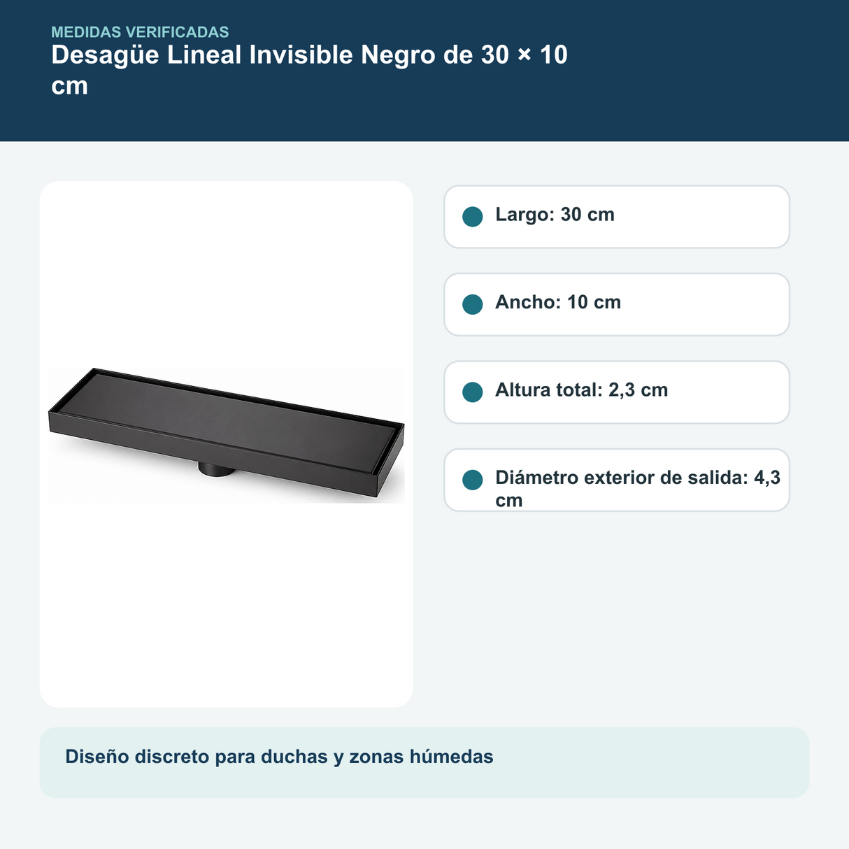 Medidas y datos verificados del desagüe lineal invisible negro de 30 × 10 cm