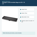 Medidas y datos verificados del desagüe lineal invisible negro de 30 × 10 cm