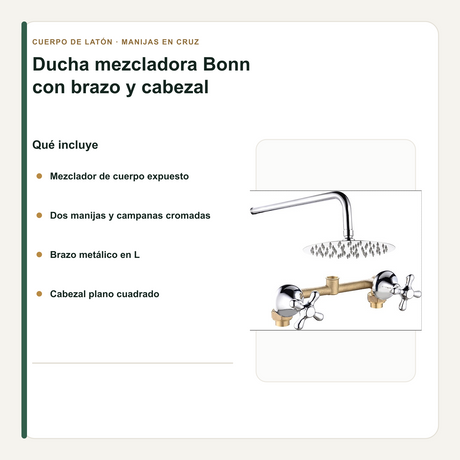 Ducha Mezcladora Bonn Cromada con Regadera 20 cm y Brazo 28 cm