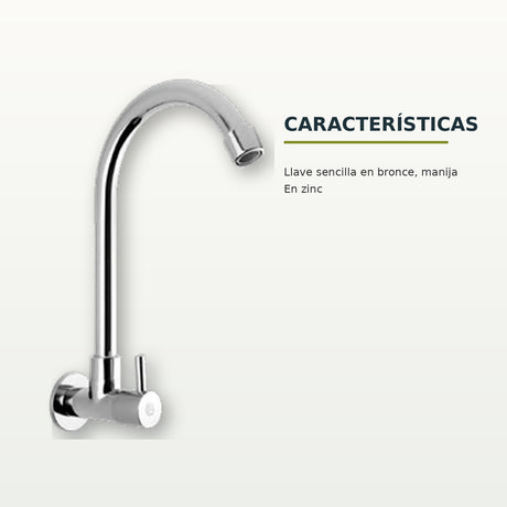 Llave sencilla de pared en bronce cromado con manija de zinc