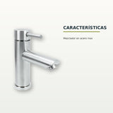 Mezclador para lavamanos en acero inoxidable satinado instalado en baño claro