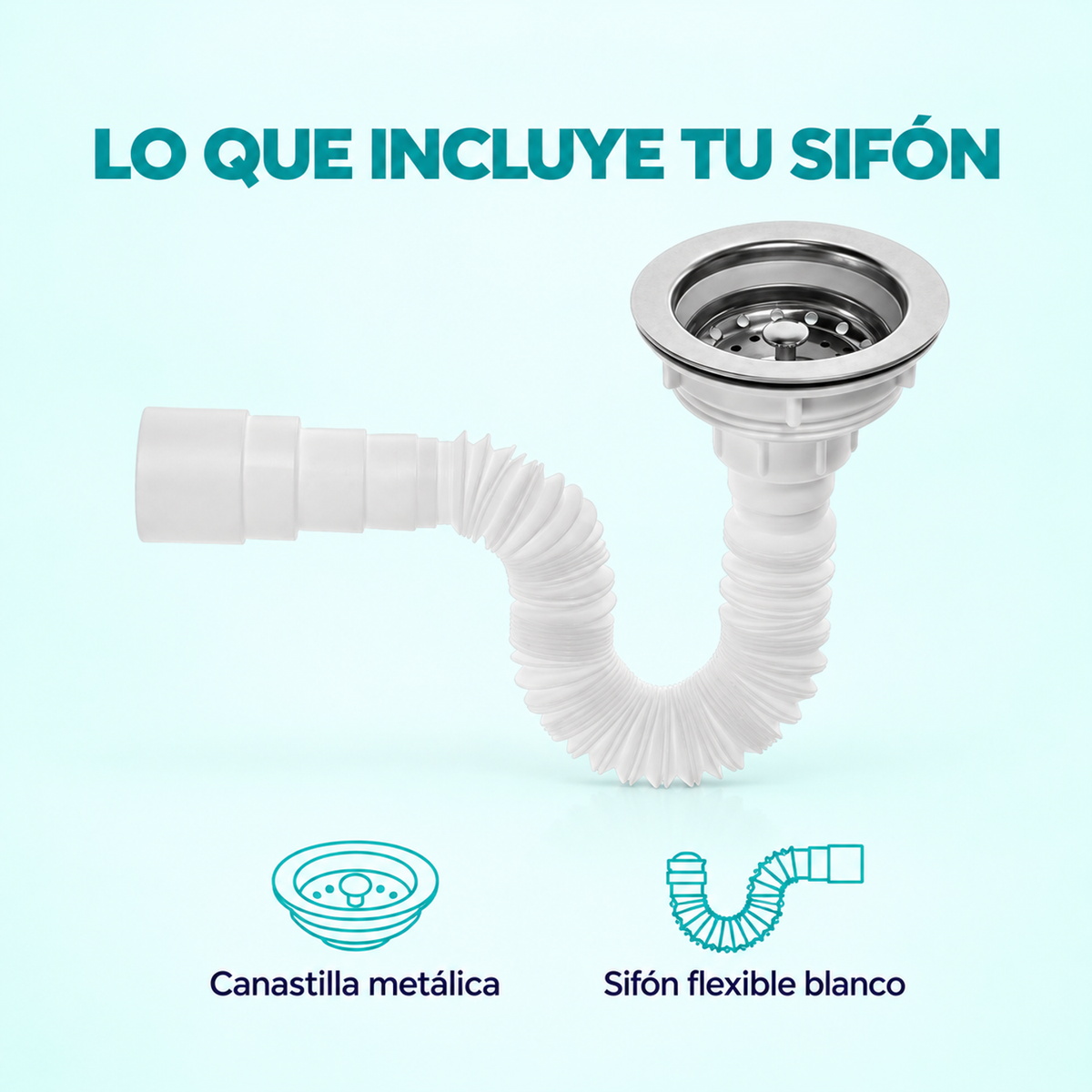 SCLP: contenido del sifón flexible blanco y canastilla metálica