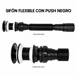 Sifón flexible negro con push SCLV-07 extendido y detalle de sus conexiones y sellos