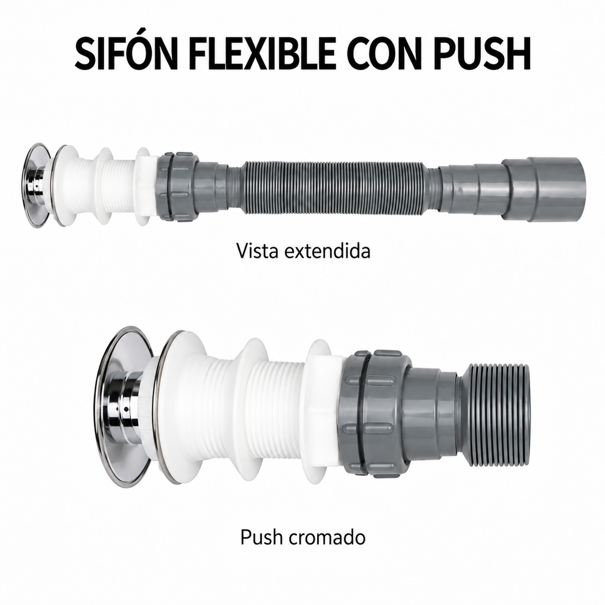 Sifón SCLV-08 gris y cromado en vista extendida, con detalle del desagüe push
