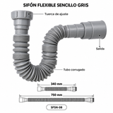 Sifón flexible sencillo gris SFSN-08: tuerca de ajuste, tubo corrugado, salida y longitudes de 340 mm y 750 mm