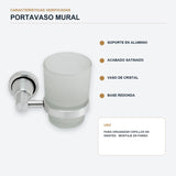 Portavaso mural de aluminio satinado con vaso de cristal con características principales