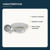 Jabonera mural de aluminio cromado con plato de cristal con características principales