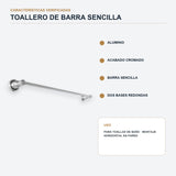 Toallero de barra sencilla de 60 cm en aluminio cromado con características principales