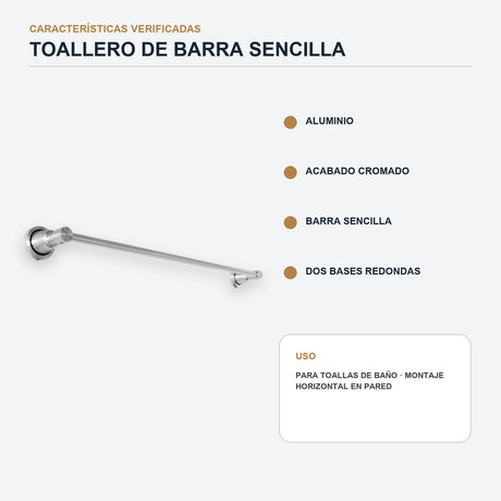 Toallero de barra sencilla de 60 cm en aluminio cromado