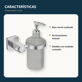 Dispensador mural de jabón con base cuadrada cromada con características principales