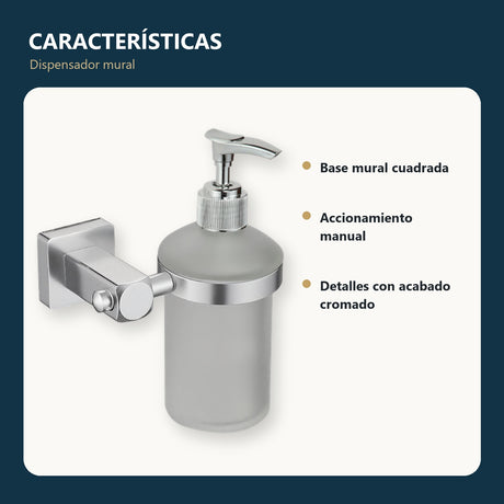Dispensador mural de jabón con base cuadrada cromada