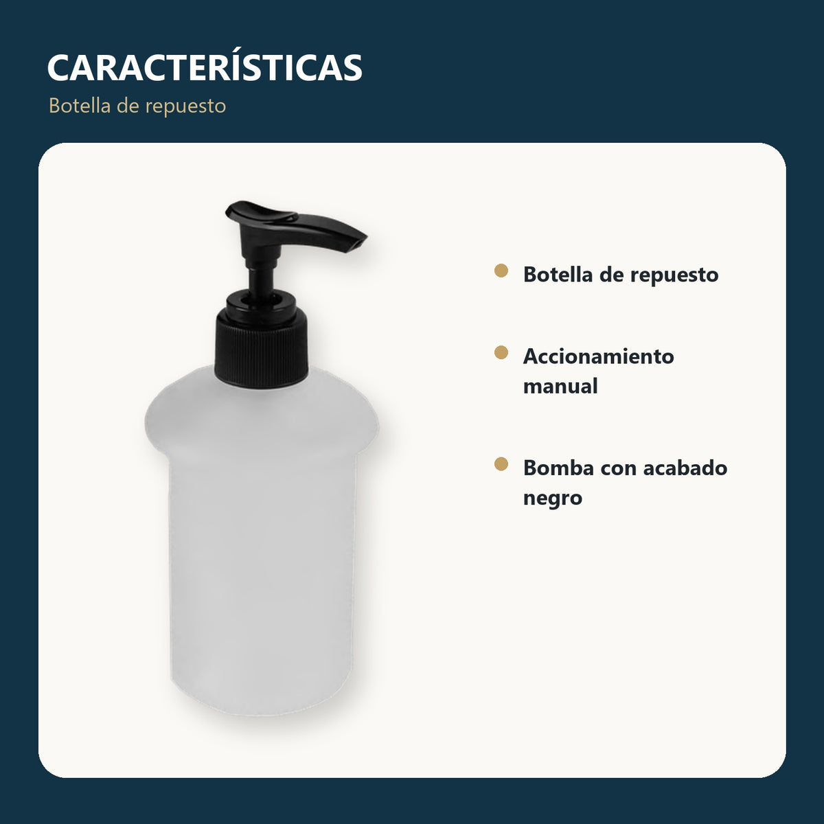 Botella de repuesto para dispensador de jabón con bomba negra con características principales