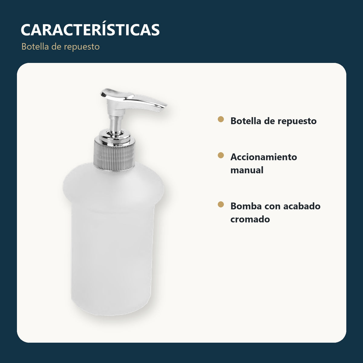 Botella de repuesto para dispensador de jabón con bomba cromada con características principales