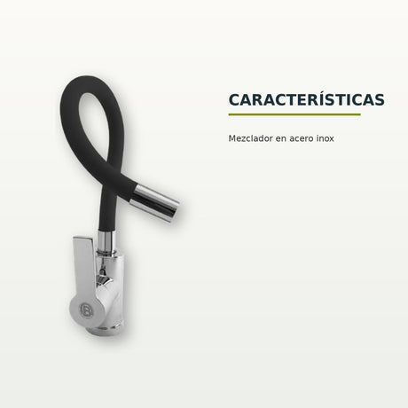 Mezclador de cocina en acero inoxidable con cuello flexible negro