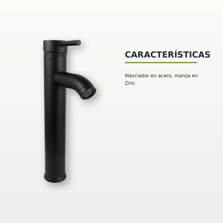 Mezclador alto para lavamanos en acero negro con manija de zinc