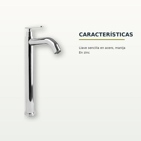 Llave sencilla alta para lavamanos en acero cromado con manija de zinc