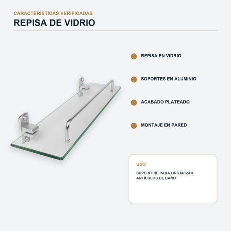 Repisa de vidrio con soportes de aluminio plateado