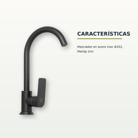 Mezclador de cocina en acero inoxidable 201 negro con manija en zinc