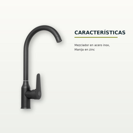 Mezclador de cocina en acero inoxidable negro con manija en zinc