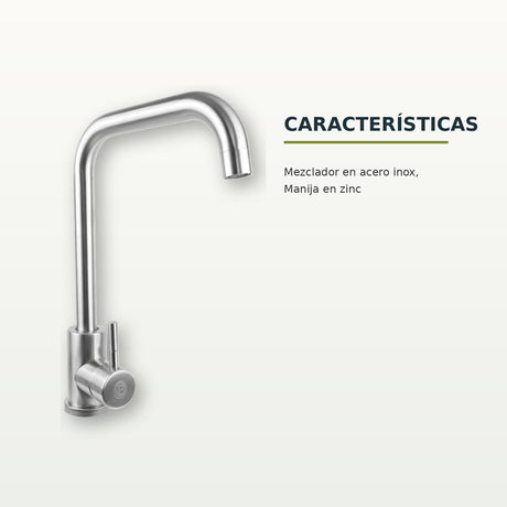 Mezclador de cocina en acero inoxidable con cuello recto