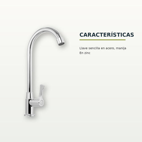Llave sencilla de pared en acero cromado con manija de zinc